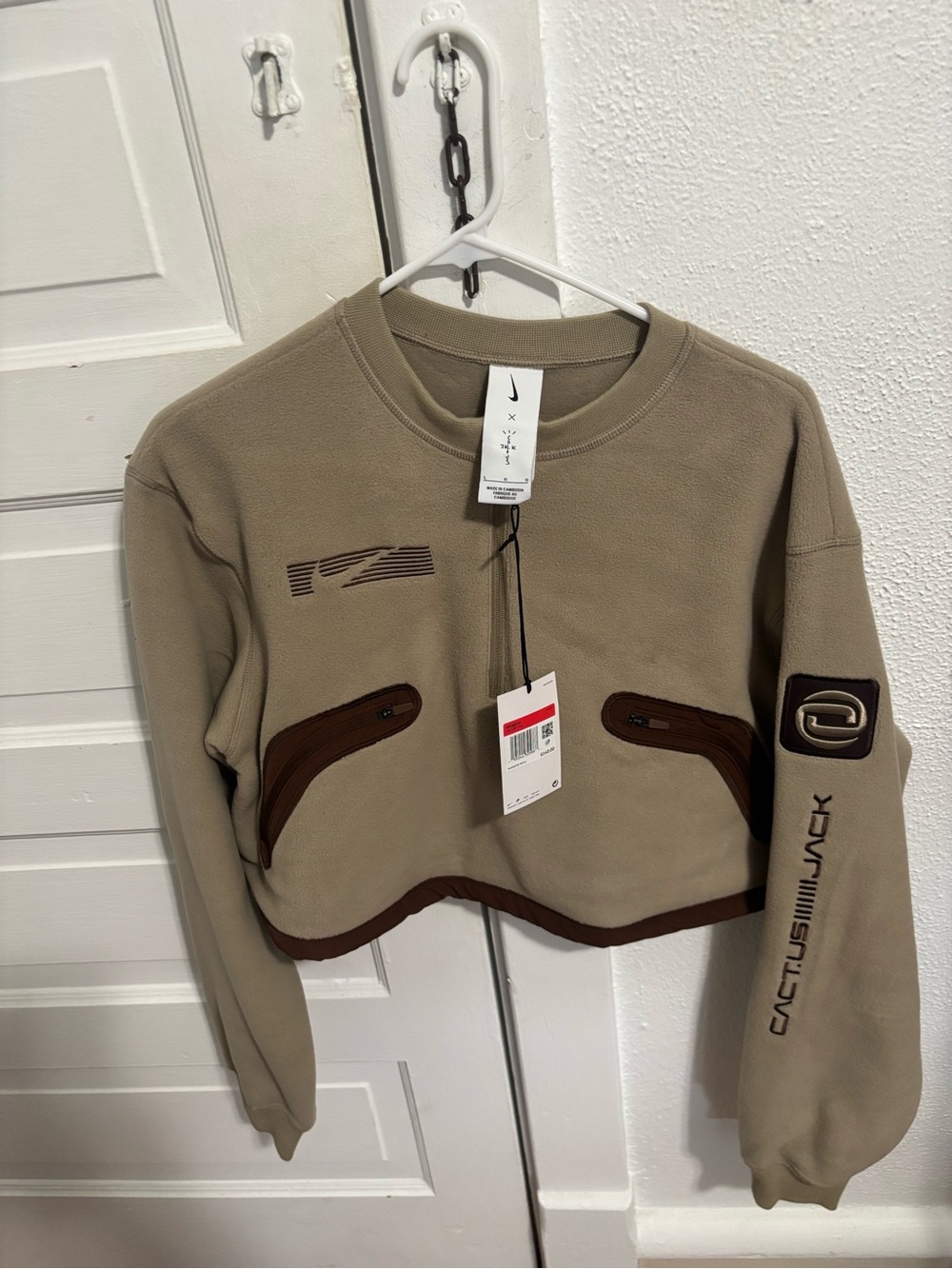 Cactus Jack by Travis Scott Tan Cropped Fleece Sweater with Brown Trim